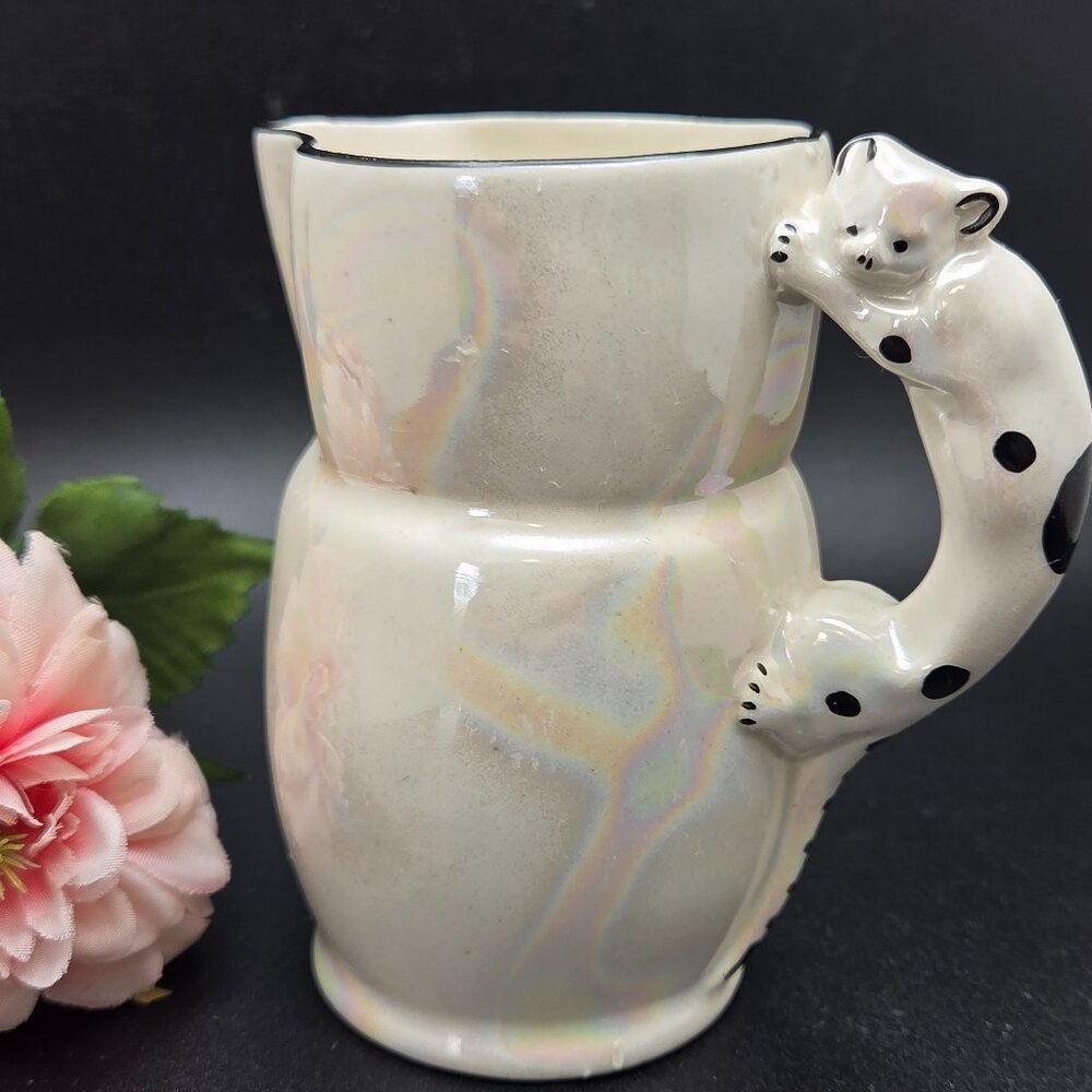 Vintage Czechoslovakia Porcelain Pearl Lusterware Cat Handle Pitcher Jug Creamer